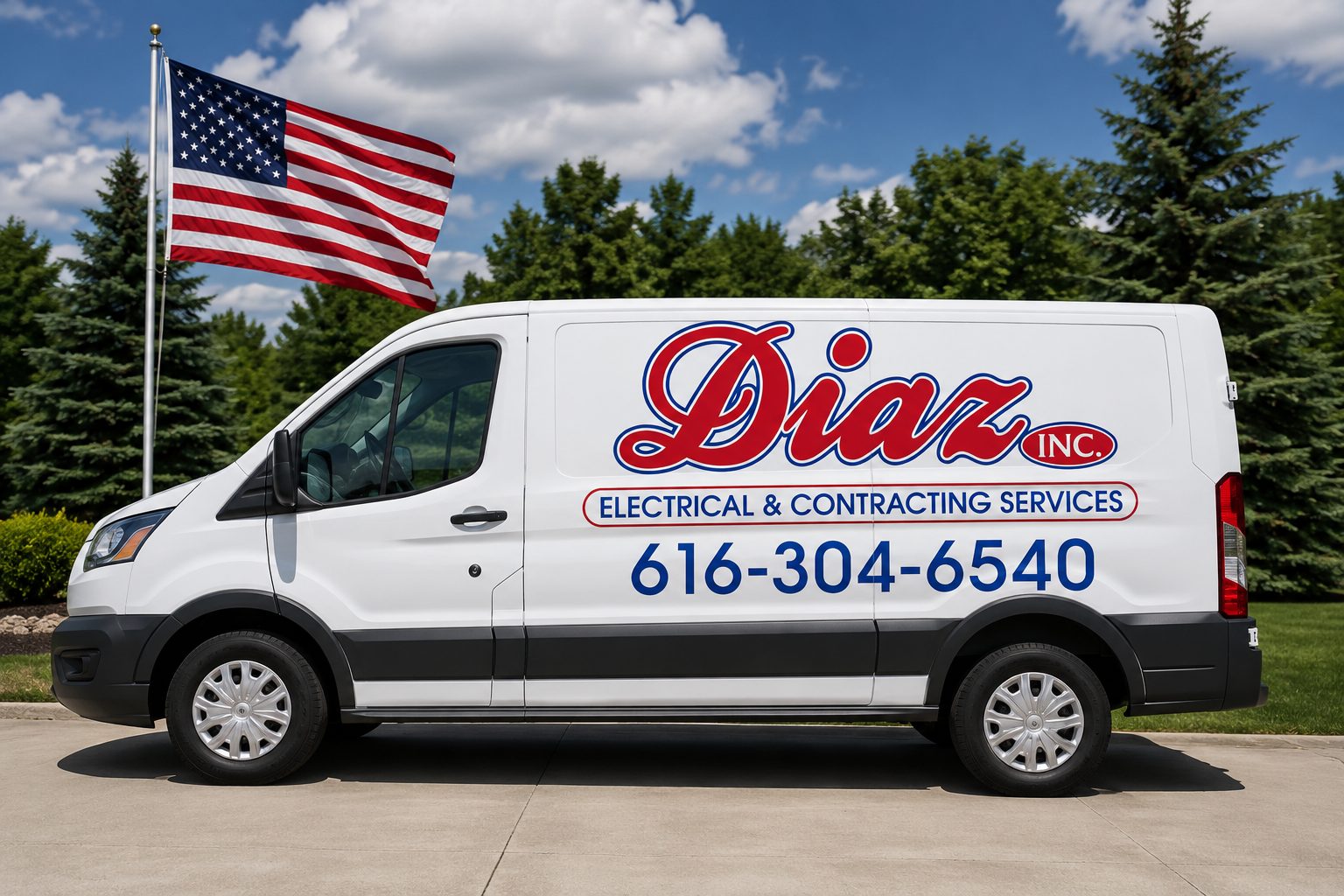 The Diaz Electrical van — red script Diaz logo, Electrical & Contracting Services, (616) 304-6540